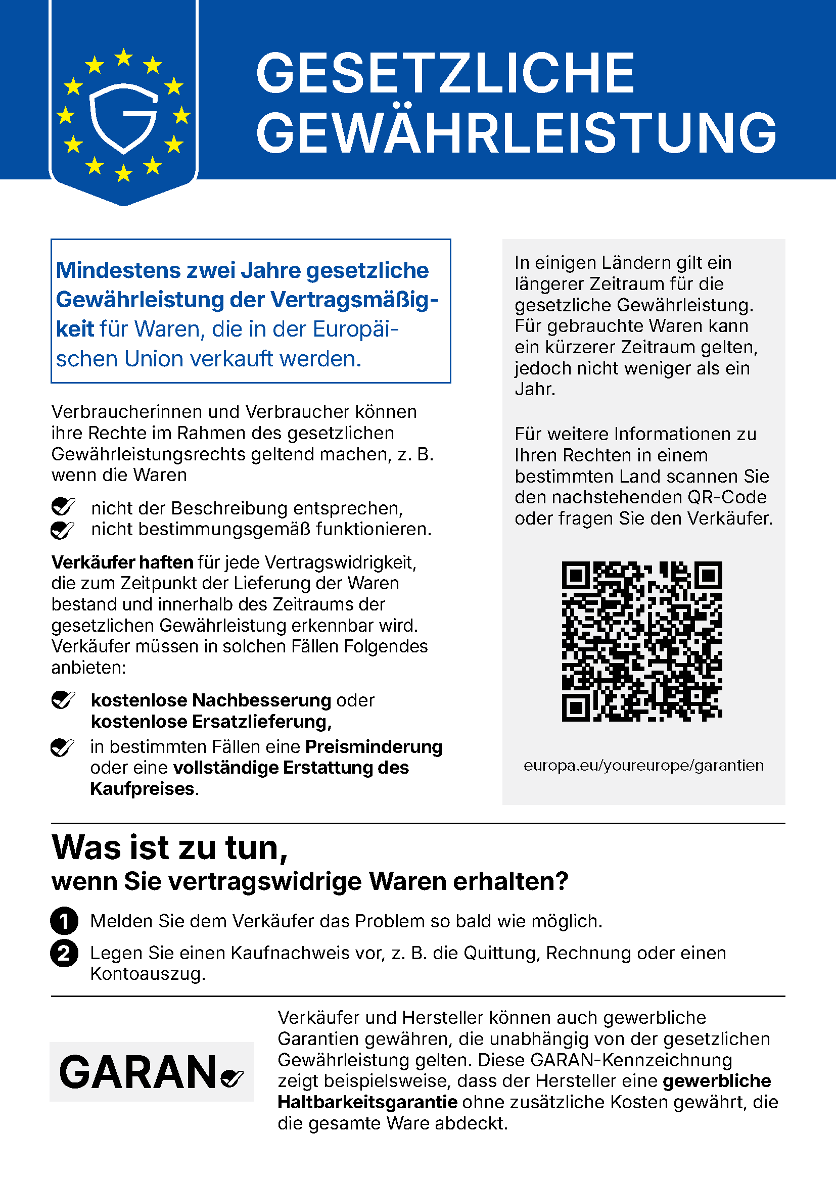 EU-Gewährleistungslabel: mindestens zwei Jahre gesetzliche Gewährleistung