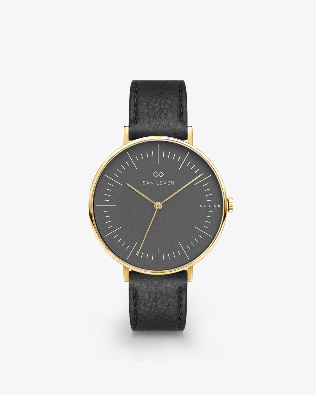 SPARK Bioleder Black 36 mm Gold Shadow von SAN LEVEN – minimalistische Solaruhr mit dunklem Zifferblatt, goldenem Gehäuse und schwarzem Biolederarmband.