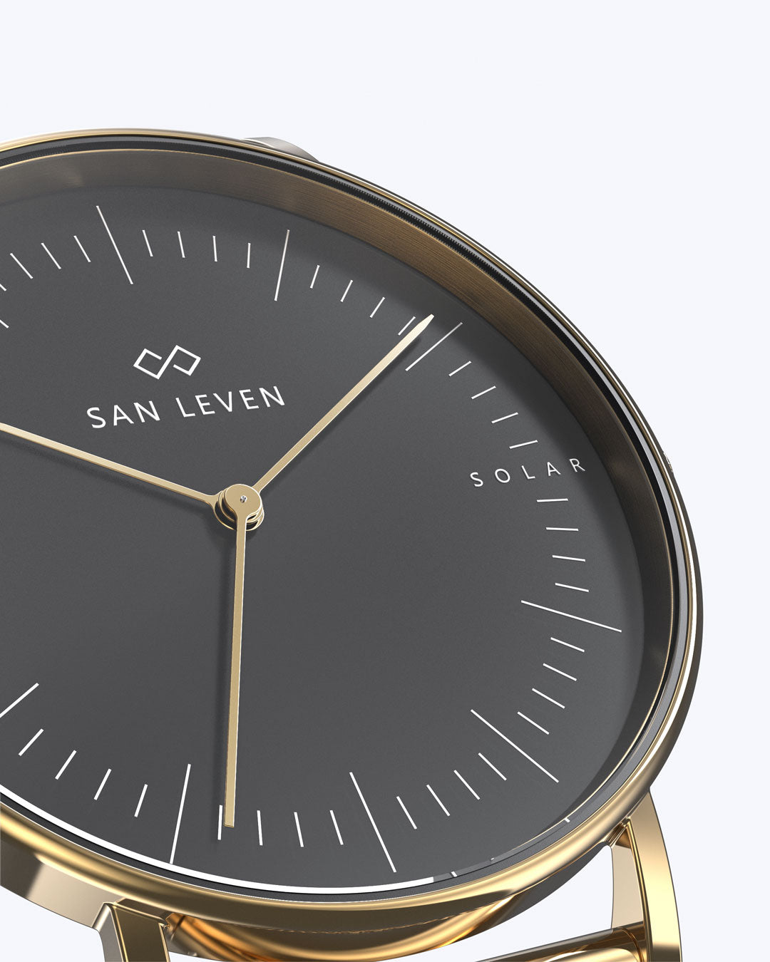Detailaufnahme des des dunklen Zifferblatts der SPARK Bioleder Black 36 mm Gold Shadow – minimalistische, solarbetriebene Uhr in gold.