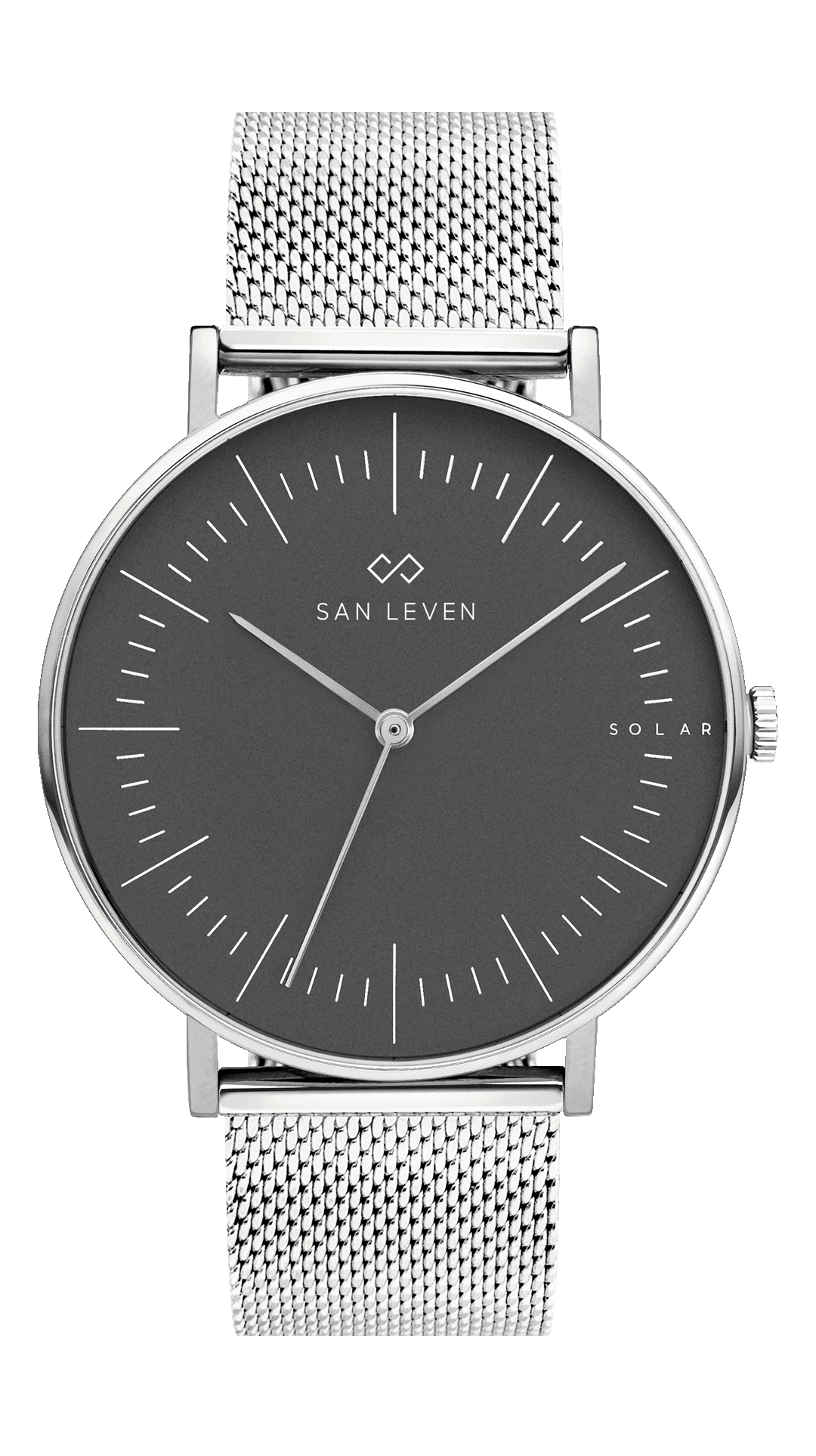 SPARK Solaruhren von SAN LEVEN in verschiedenen Varianten in einer Frontansicht auf grauem Hintergrund.